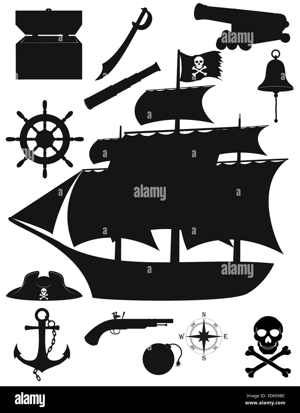 set di articoli nautici pirati sagoma nera cartoni animati illustrazione vettoriale isolata su sfondo bianco Illustrazione Vettoriale