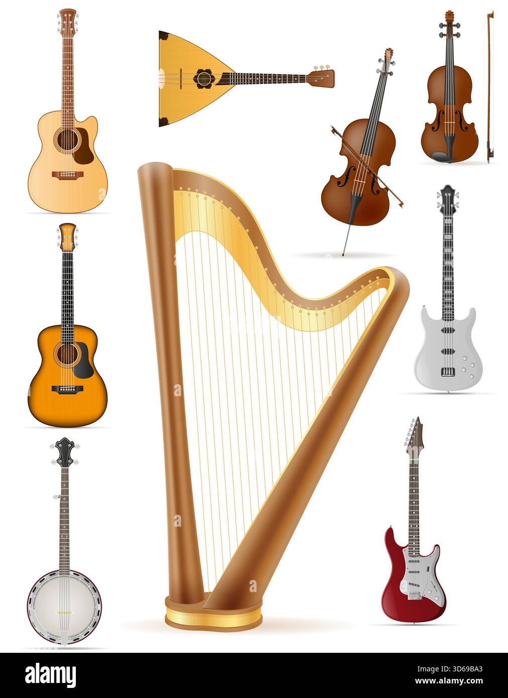 un sacco di strumenti musicali a corde diverse illustrazioni vettoriali di cartoni animati isolate su sfondo bianco Illustrazione Vettoriale