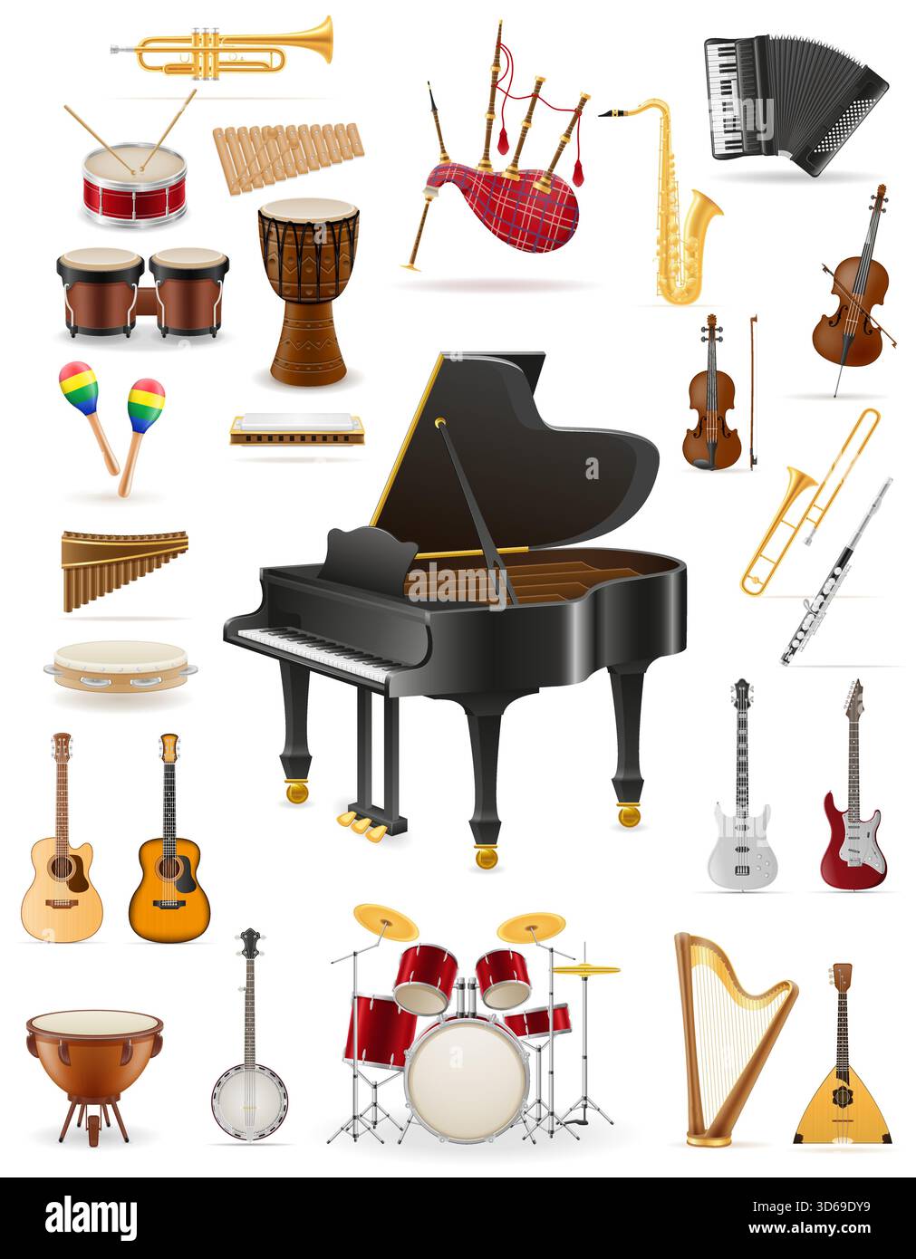 molti strumenti musicali diversi illustrazioni vettoriali di cartoni animati isolate su sfondo bianco Illustrazione Vettoriale