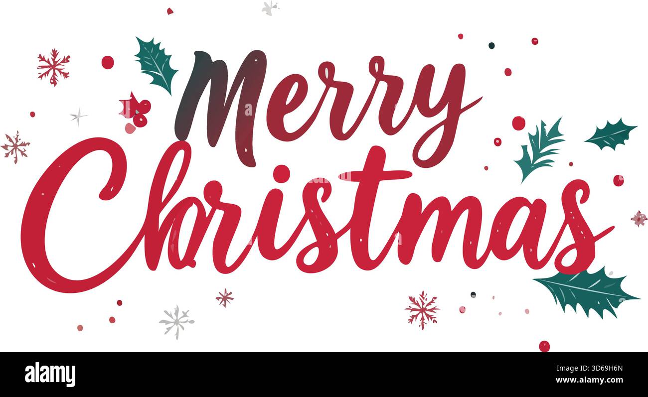 Buone lettere natalizie per un saluto natalizio con calligrafia rossa, fiocchi di neve, foglie di agrifoglio e frutti di bosco Illustrazione Vettoriale