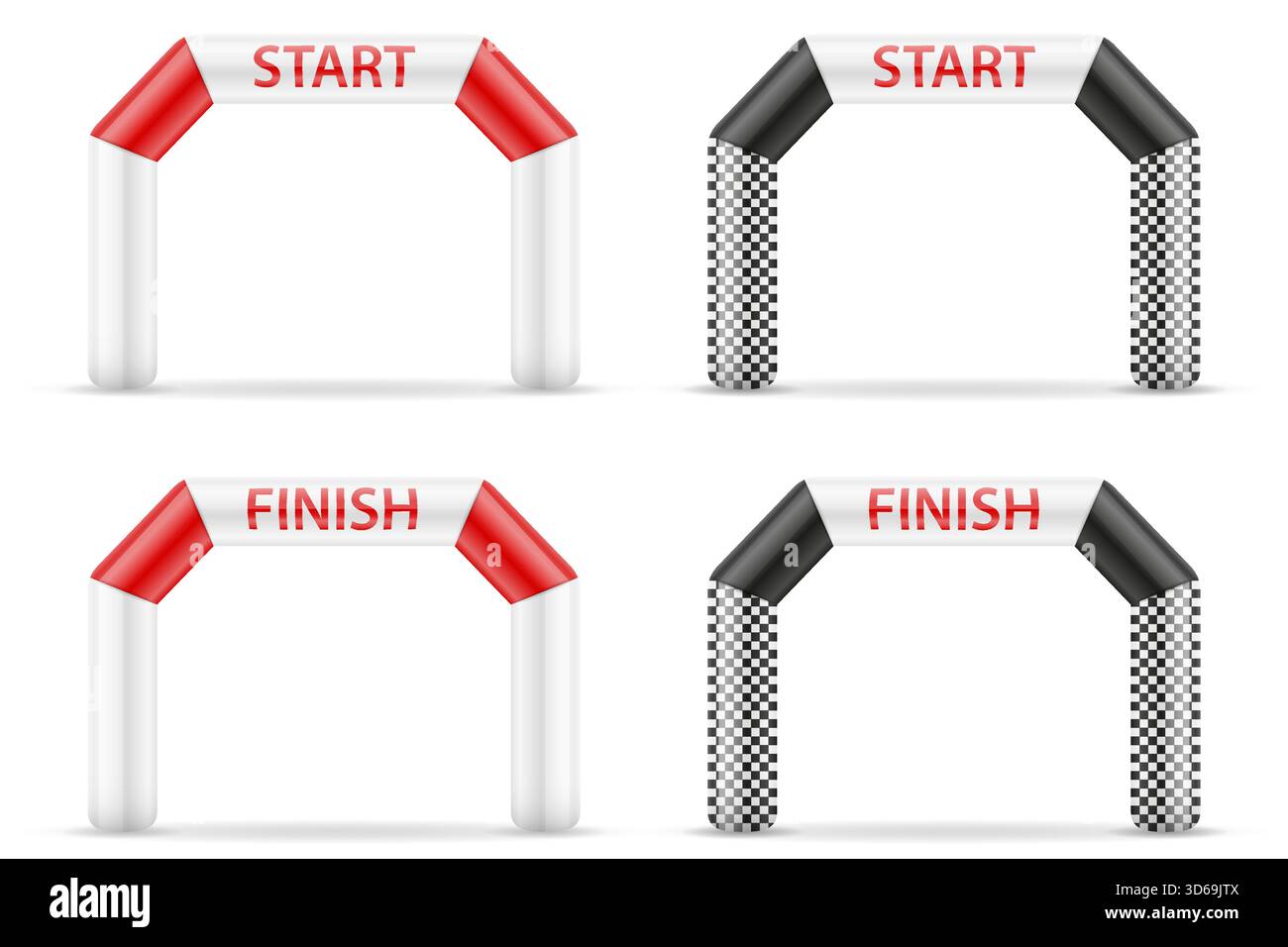 inizia e termina i cancelli gonfiabili per l'illustrazione vettoriale di cartoni animati di gioco sportivo isolato su sfondo bianco Illustrazione Vettoriale