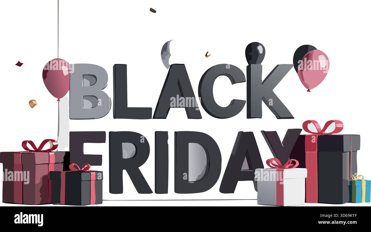 Testo del Black friday con varie confezioni regalo e palloncini colorati, che rappresentano vendite, sconti e promozioni per gli acquisti natalizi Illustrazione Vettoriale