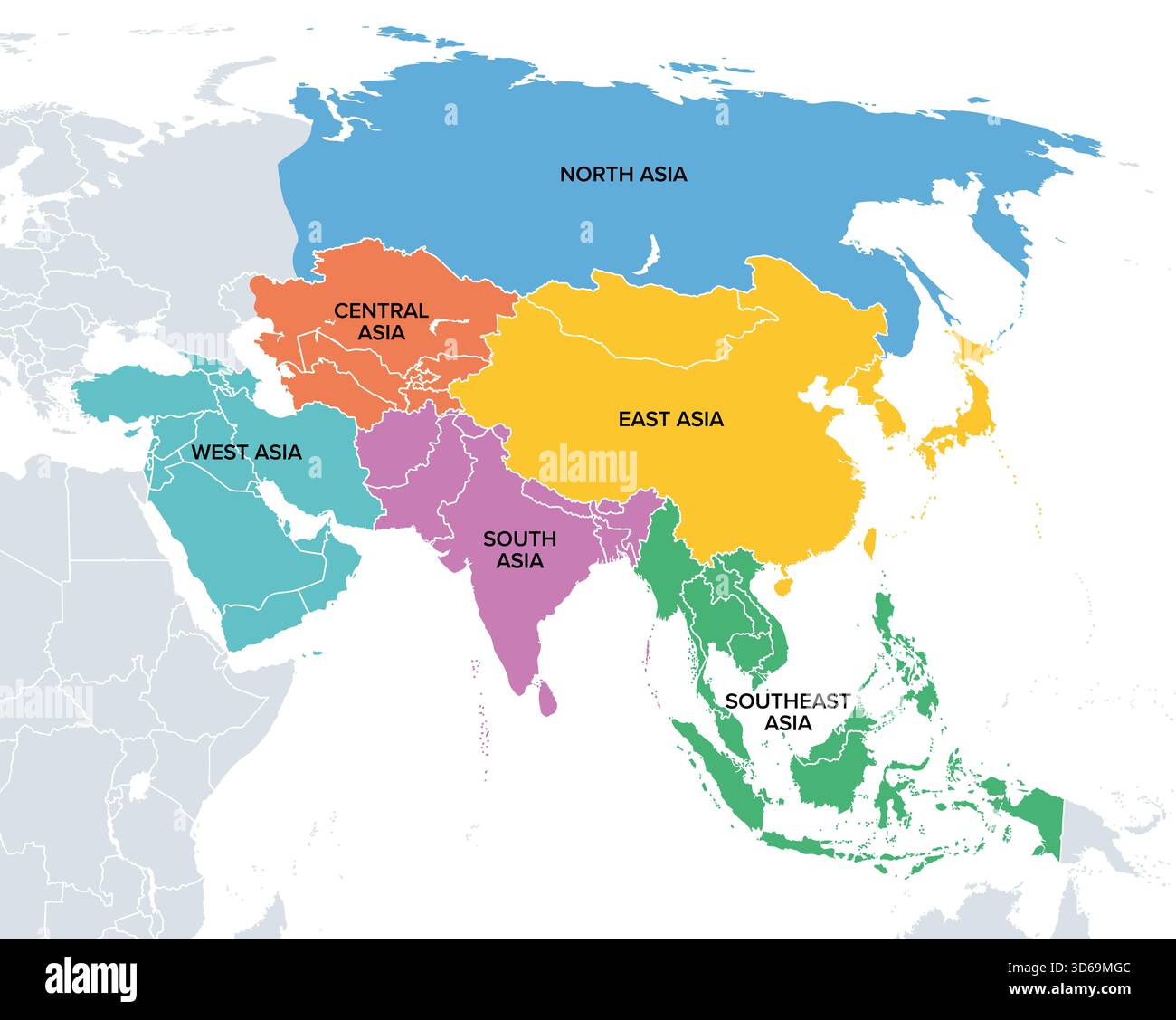 Sottoregioni dell'Asia, mappa politica. Principali regioni del continente asiatico. Nord, centrale, est, ovest, sud, e Sud-est asiatico. Foto Stock