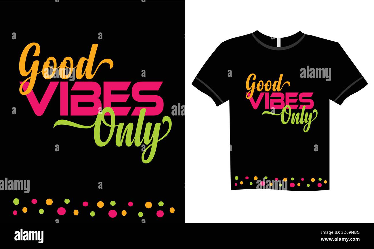 Design esclusivo di Good Vibes | T-shirt grafica con stampa tipografica retro-neon | maglietta con citazioni positive PNG stampabile per Merch, streetwear, sublimazione Illustrazione Vettoriale