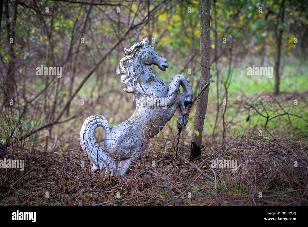 La foto mostra una statua di cavallo d'argento intemprata in piedi sulle zampe posteriori in un lembo di erba secca e ramoscelli, circondato da sottili rami d'albero e dall'avidità Foto Stock