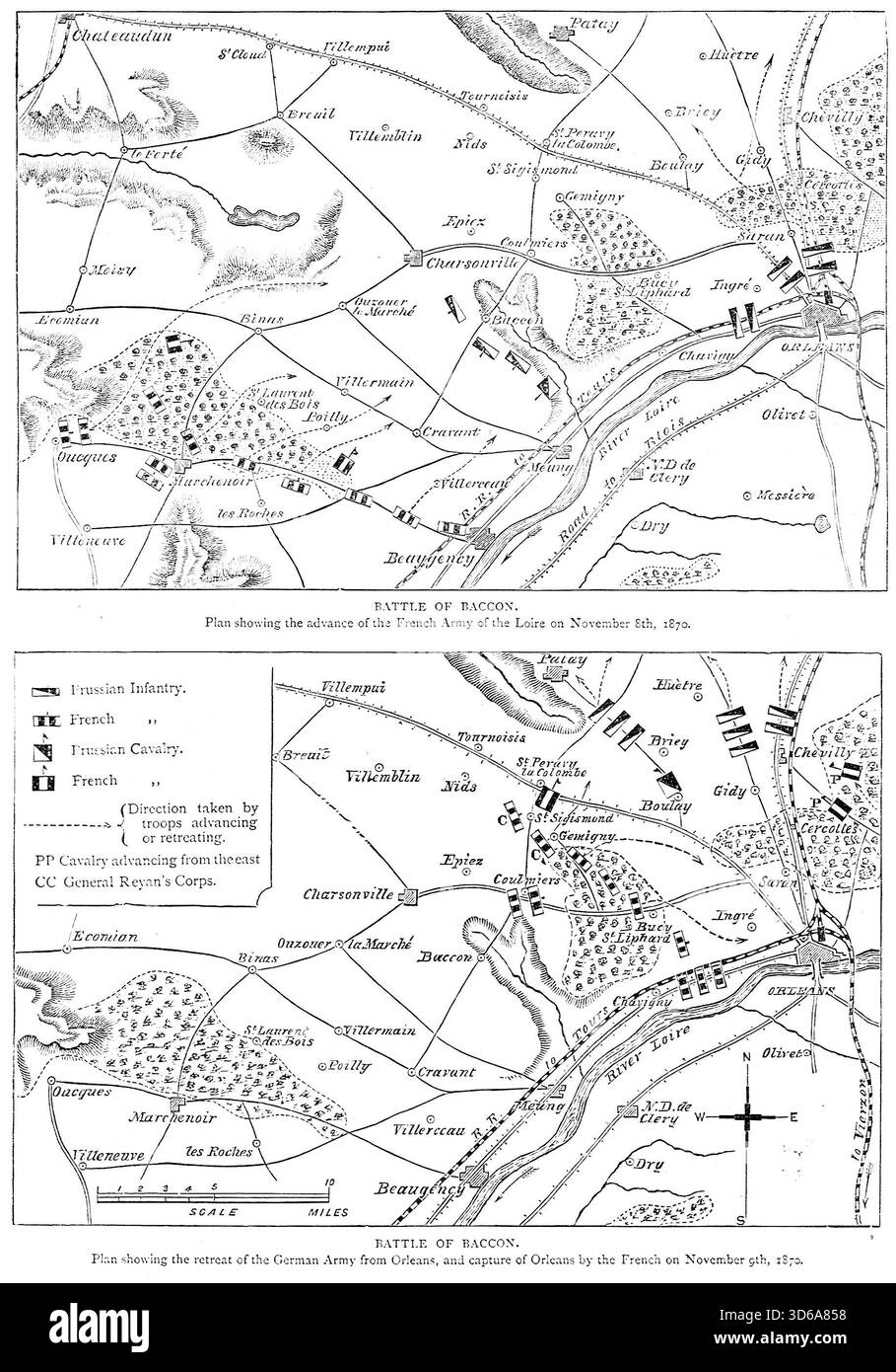 Mappa della Battaglia di Coulmiers, 9 novembre 1870. Una vittoria francese durante la guerra franco-prussiana. La battaglia di Baccon che era nelle vicinanze. Foto Stock