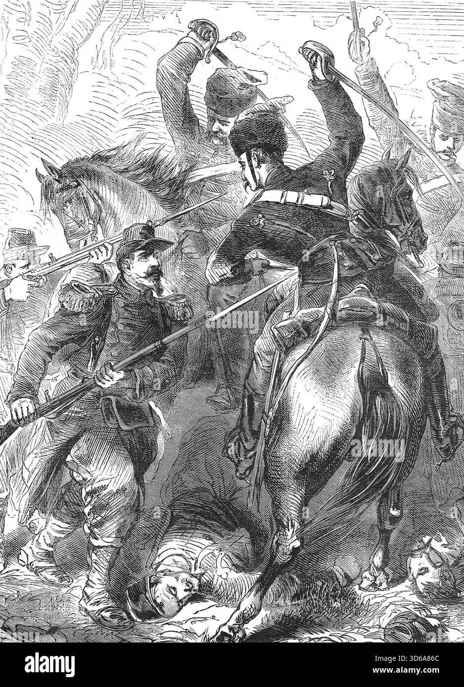 Combattimenti tra fanteria e cavalleria nella battaglia di Dreux del 1870, durante la guerra franco-prussiana. Foto Stock