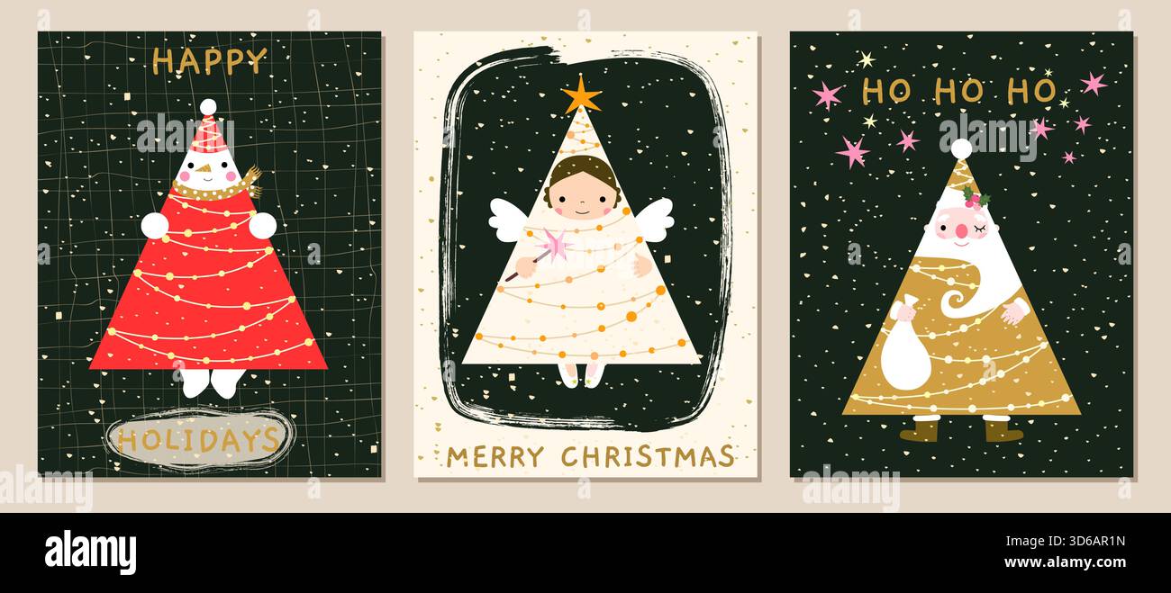 Carino e geometrico vettoriale di cartoline natalizie con divertente Babbo Natale, angelo e pupazzo di neve a forma di albero di Natale con luci, con elegante ba scura Illustrazione Vettoriale