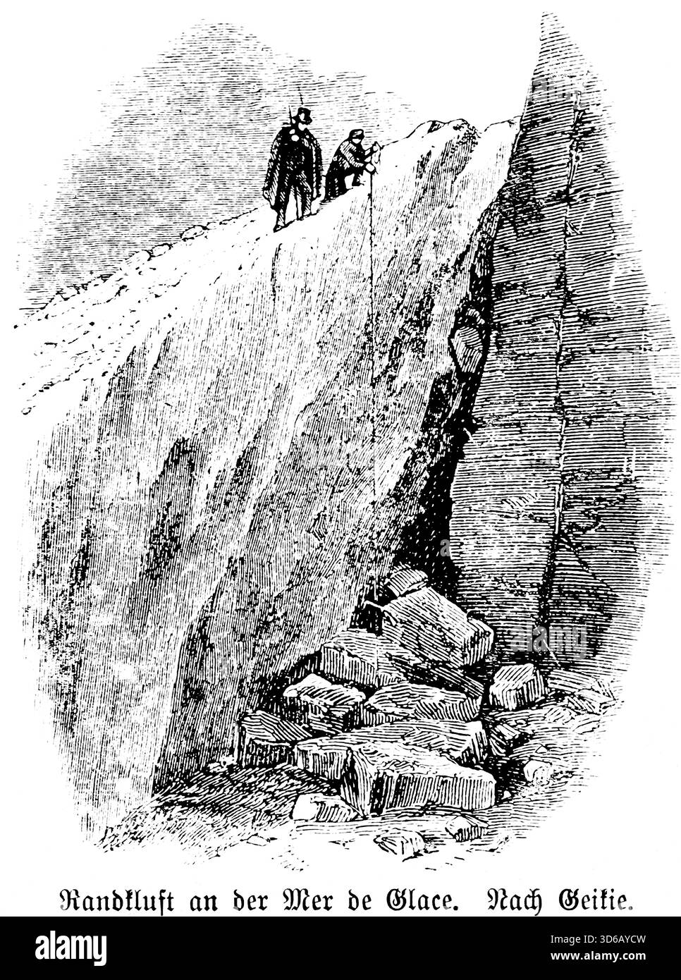 Rift al Mer de Glace, Chamonix Mont Blanc, Francia, misure, due persone, ghiacciaio, rocce, pendenza, sporgenza, pericolo, Alpi francesi, foto di viaggio Foto Stock