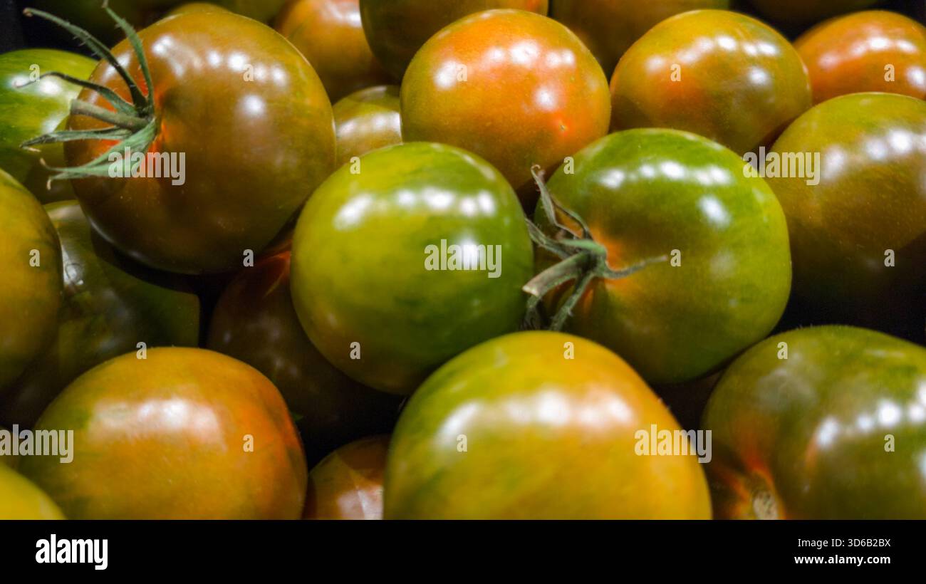 Pomodori colorati assortiti al mercato della spesa in primo piano - fotografia editoriale. Foto Stock