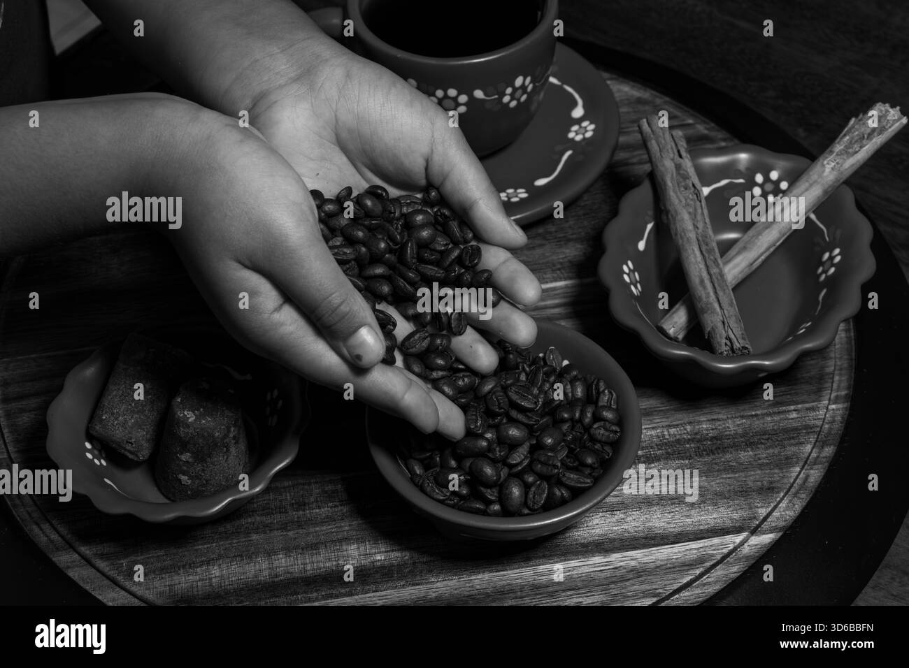 Una serie di immagini di alta qualità che celebra la tradizione messicana del caffè. Include foto artigianali di natura morta di Cafe de olla, ingredienti come la cannella Foto Stock