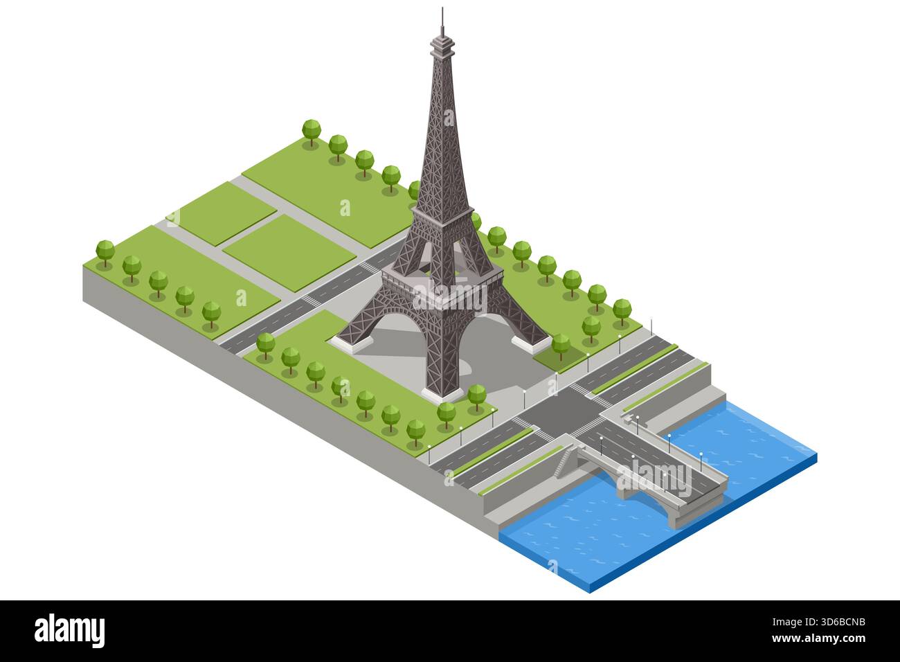 Vista isometrica della Torre Eiffel con il parco circostante, le strade, il ponte e il fiume, mostrando la classica architettura parigina in un punto di riferimento europeo della città vecchia Illustrazione Vettoriale