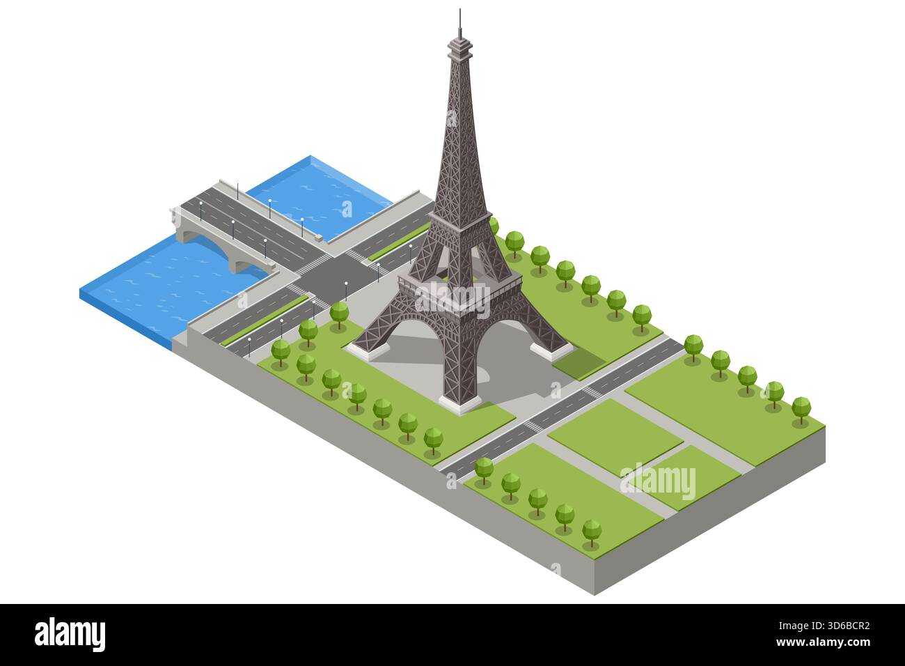 Illustrazione isometrica della Torre Eiffel da un'angolazione diversa con ponti, fiumi e parchi verdi, evidenziando la classica architettura europea Illustrazione Vettoriale