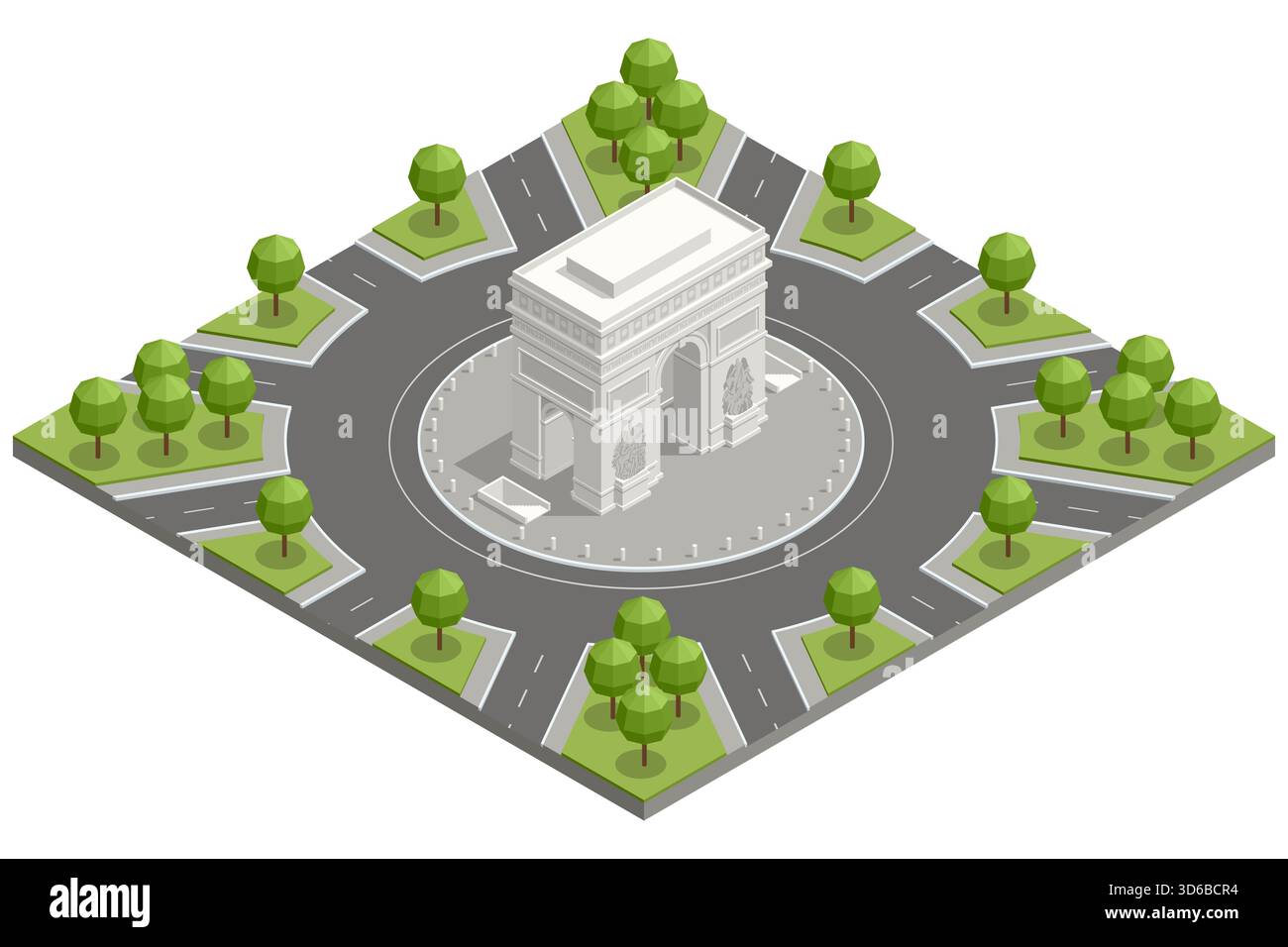 Illustrazione isometrica dell'Arco di Trionfo a Parigi con una grande rotatoria, strade e aree verdi, che mostra la classica architettura europea in una vecchia Illustrazione Vettoriale
