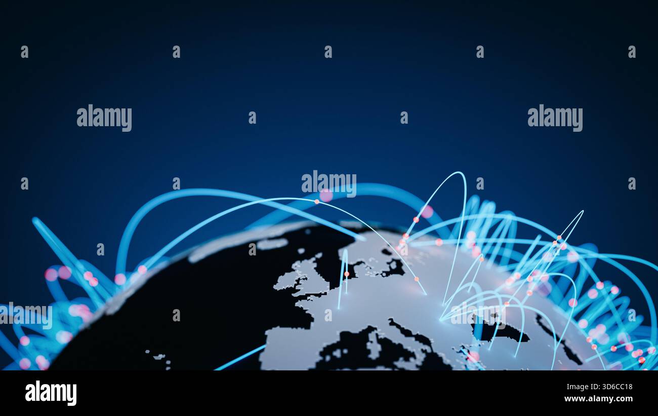 Primo piano delle linee e dei punti dati della rete digitale globale con Copy Space. rendering 3d. Foto Stock