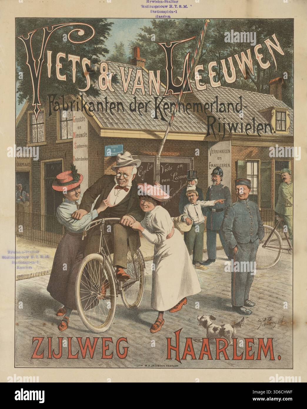 Viets Van Leeuwen. Fabrikanten der Kennemerland - Rijwielen / produttori del Kennemerland - biciclette. (1890-1910). Pieter van Looij II (olandese, XIX/XX secolo). Un anziano gentiluomo viene aiutato a salire su una bicicletta." Foto Stock