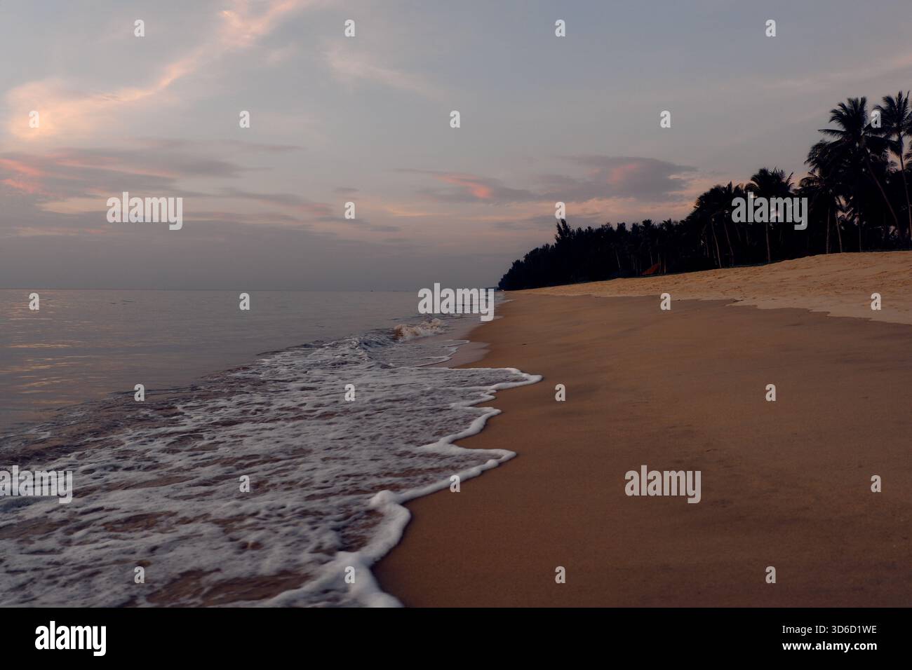 Una tranquilla e vuota spiaggia tropicale all'alba con onde dolci che si infrangono sulla sabbia liscia, perfetta per viaggi all'alba e tranquille fughe mattutine. Foto Stock