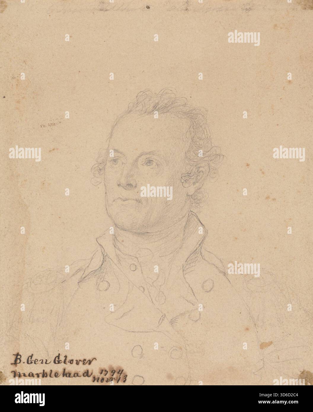 "Generale di brigata John Glover (1794). John Trumbull (americano, 1756 1843). John Glover (5 novembre 1732? 30 gennaio 1797) è stato un pescatore, mercante, politico e capo militare statunitense di Marblehead, Massachusetts, che servì come generale di brigata nell'Esercito continentale durante la guerra di indipendenza americana. È famoso nella storia americana per il suo ruolo nell'aiutare a fondare quella che sarebbe diventata la Marina degli Stati Uniti, insieme al suo reggimento a remare Washington attraverso il Delaware, nella Battaglia di Long Island, e a guidare uno dei primi reggimenti integrati nella Revolu americana Foto Stock