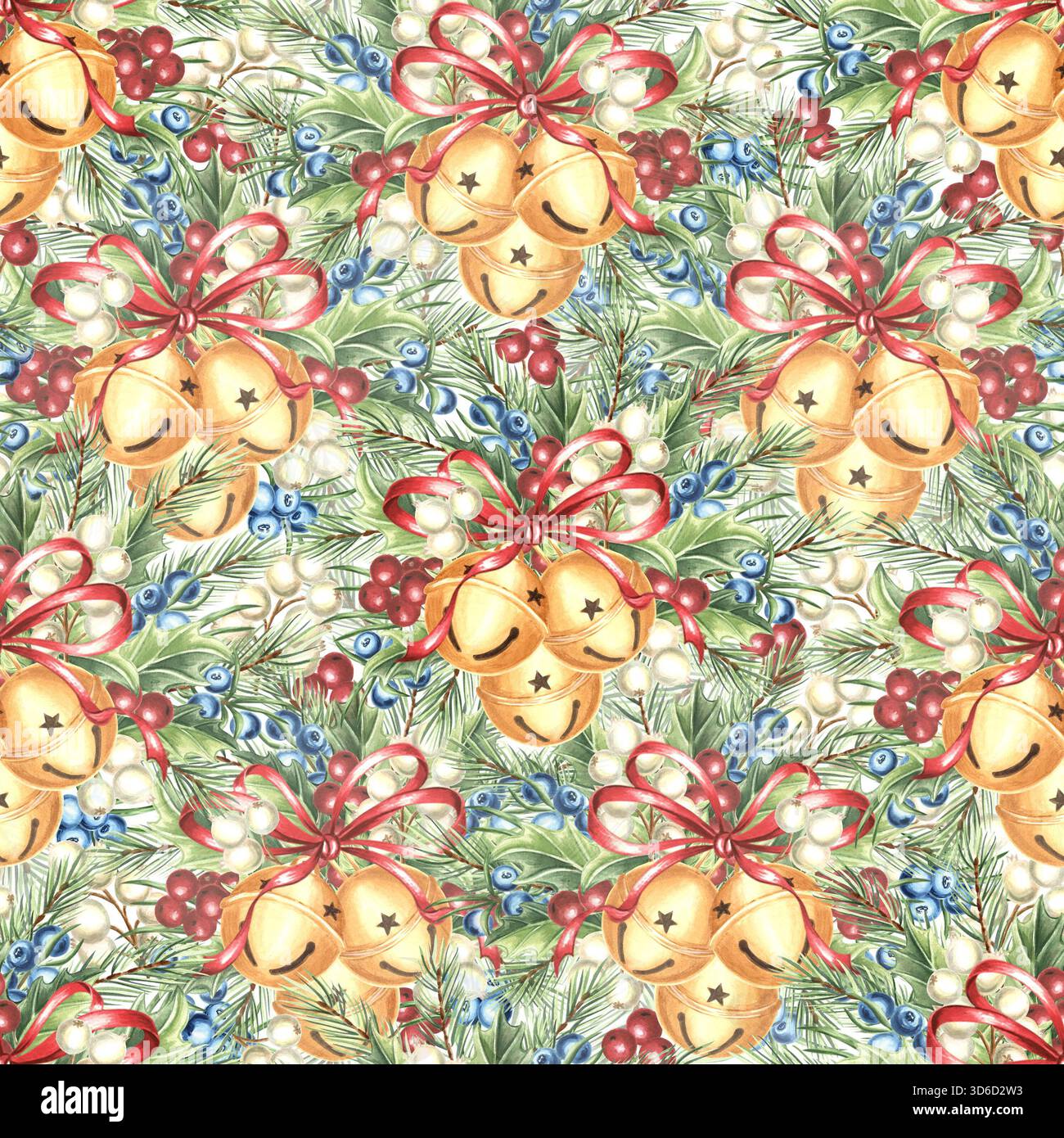 Campane rotonde dorate con fiocchi a nastro e colorate bacche, motivo natalizio senza cuciture. Illustrazione disegnata a mano della confezione per le vacanze invernali Foto Stock