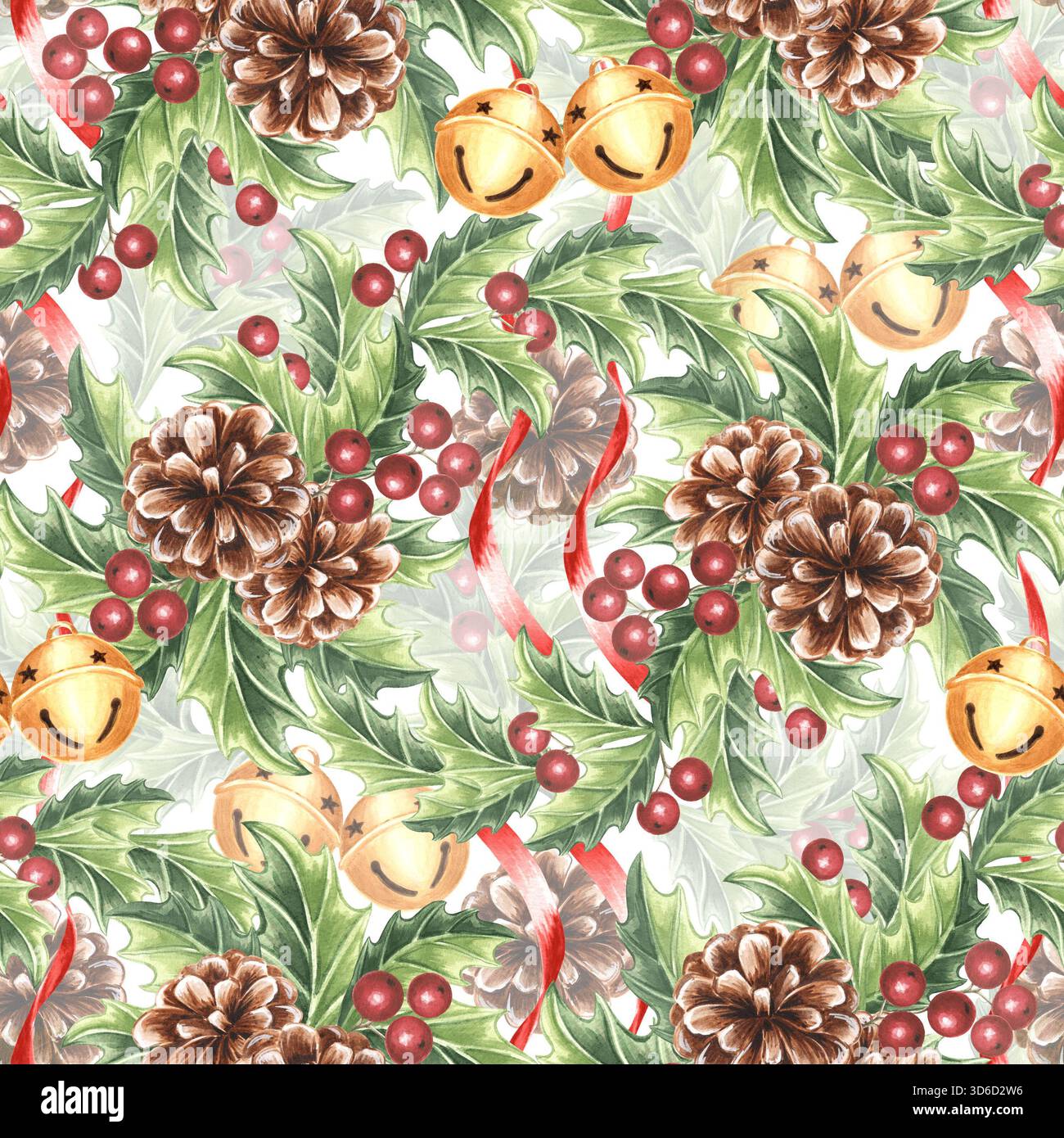 Acquerello natalizio holly, coni di pino e campane rotonde con motivo a strisce rosse senza cuciture. Illustrazioni disegnate a mano, design delle confezioni per le vacanze invernali. Foto Stock