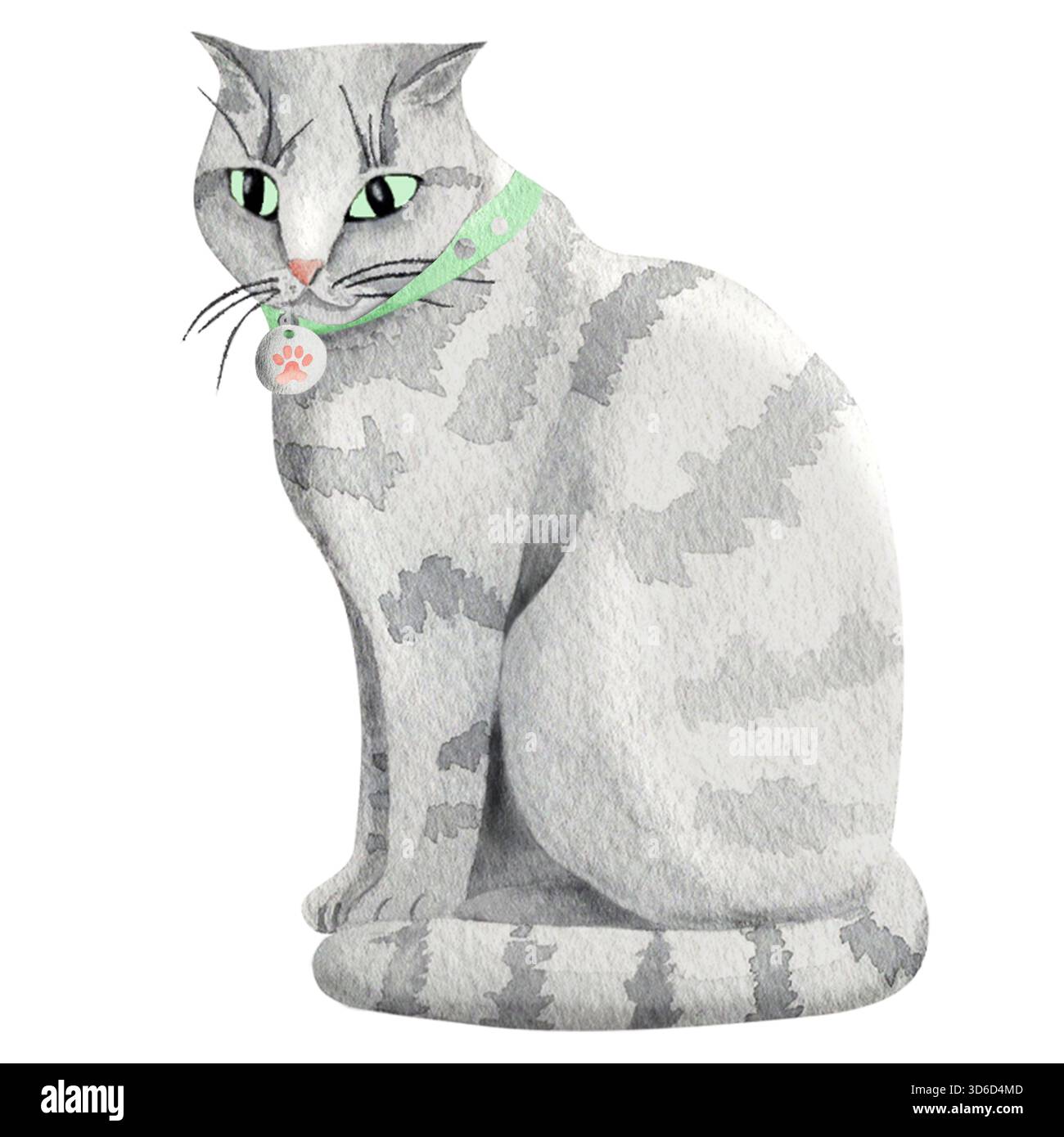 Un gatto da tabby grigio si trova in un grazioso collare adornato con una zampa di gatto, illustrazione ad acquerello. Gatto inglese o scozzese. Semplice illustrazione di un gatto W Foto Stock