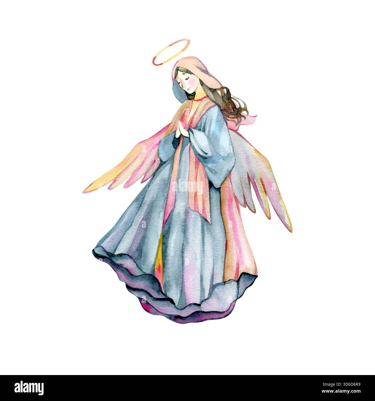 Angelo di acquerello dipinto a mano in delicate tonalità pastello con accappatoi scorrevoli e ali delicate. Un'illustrazione spirituale pacifica adatta all'arte religiosa Foto Stock