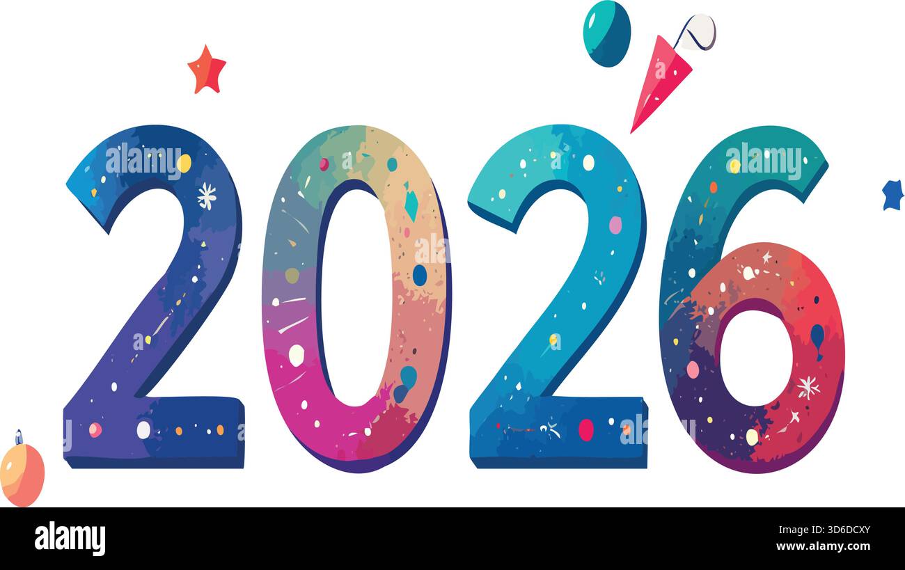 Festeggiando il 2026, un vivace acquerello per il nuovo anno con elementi festivi e forme astratte che esprimono felicità Illustrazione Vettoriale