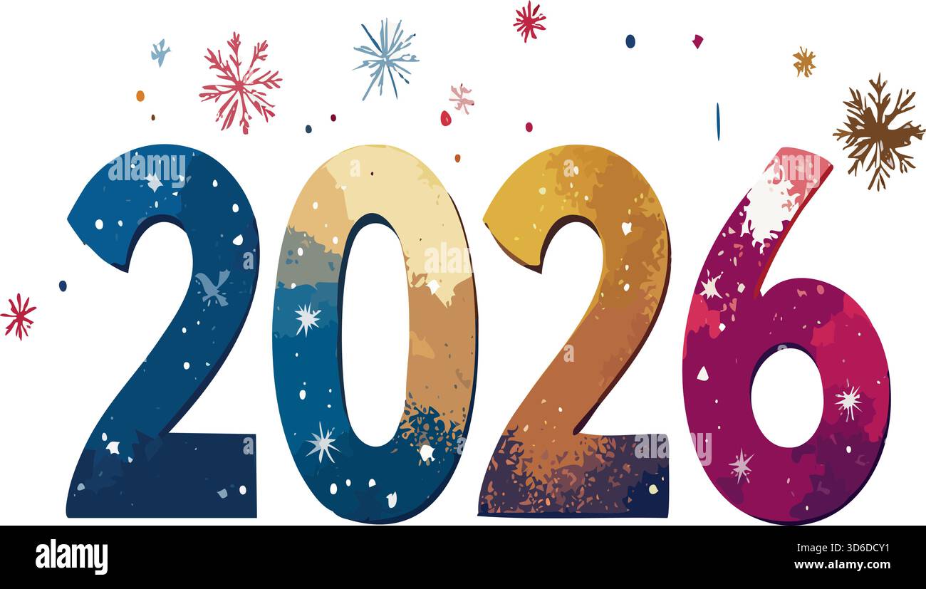 Numero 2026 in stile invernale colorato e strutturato con fiocchi di neve cadenti, che rappresentano le vacanze di Capodanno e i saluti di stagione Illustrazione Vettoriale