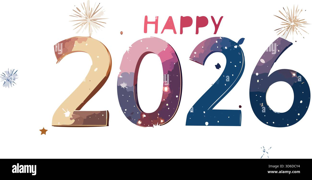 Felice anno nuovo 2026 testo che presenta un saluto natalizio con una colorata trama ad acquerello e un design scintillante Illustrazione Vettoriale