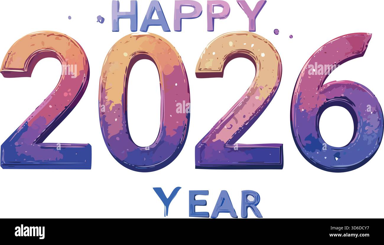 Felice anno nuovo 2026 testo con vibrante texture astratta acquerello, vivace tipografia colorata che celebra un gioioso nuovo inizio e un futuro Illustrazione Vettoriale