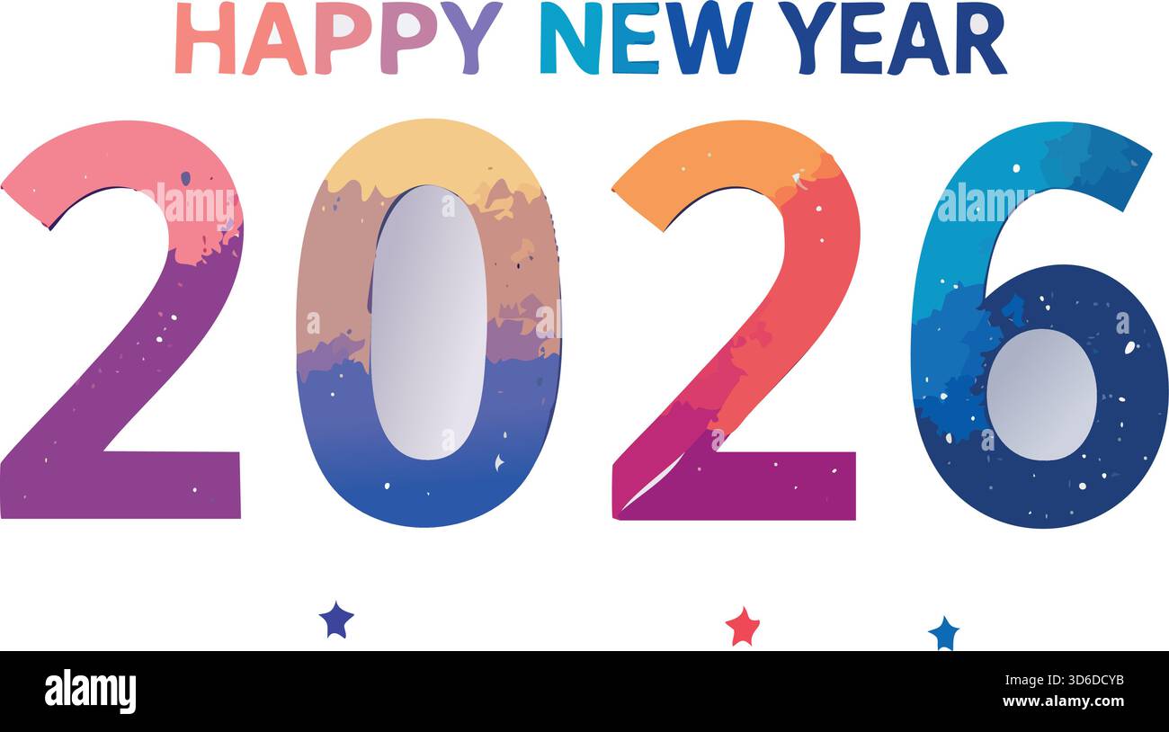 Felice biglietto di auguri per il nuovo anno 2026 con vivace texture ad acquerello e stelle decorative, che rappresentano festeggiamenti e futuri successi Illustrazione Vettoriale