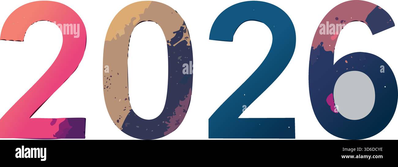 Numeri 2026 che mostrano sfumature vibranti e schizzi astratti di vernice, che rappresentano il nuovo anno, il futuro e i festeggiamenti Illustrazione Vettoriale