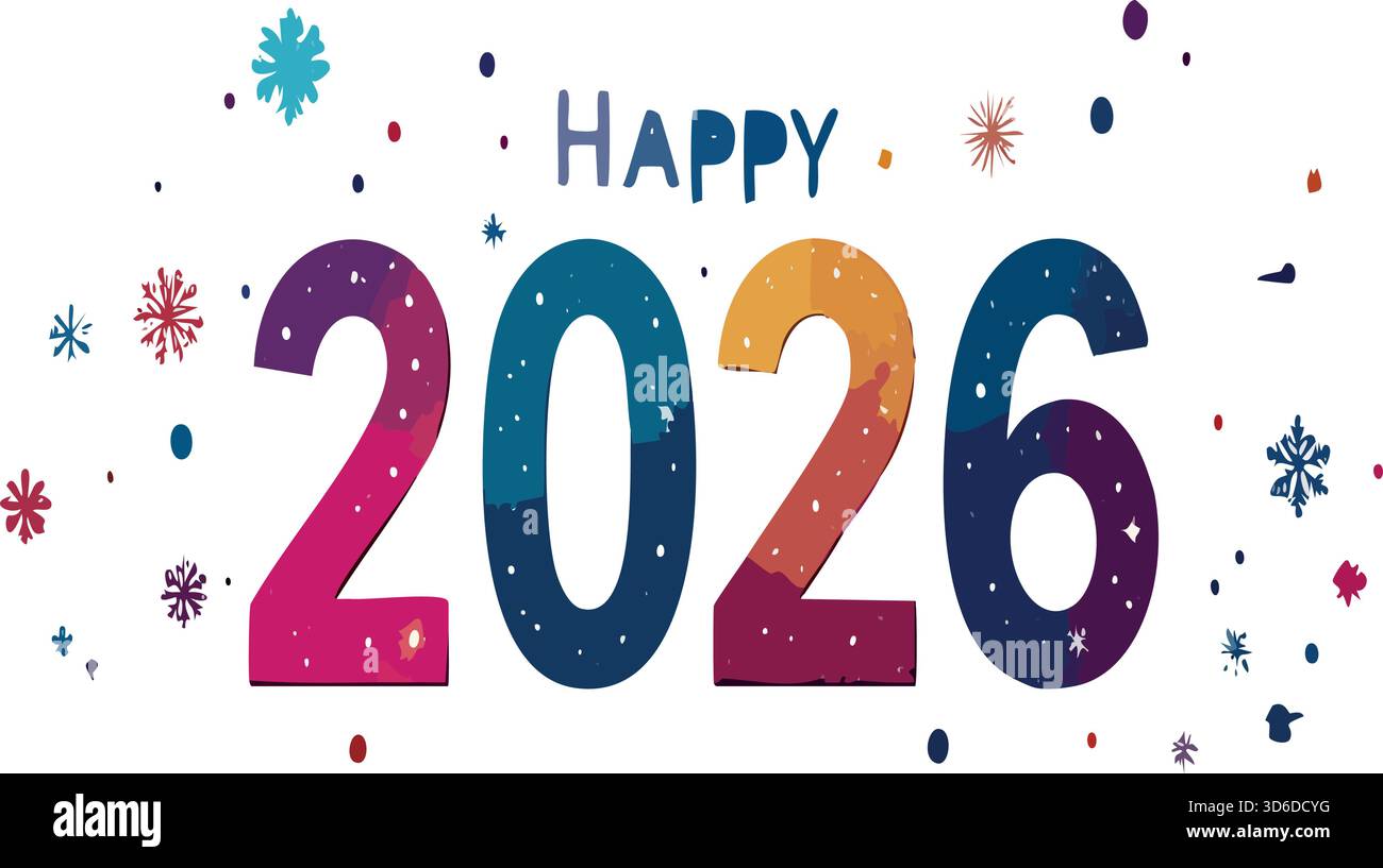 Testo felice 2026 con colori vivaci e fiocchi di neve astratti. Festeggiamenti invernali per il nuovo anno Illustrazione Vettoriale
