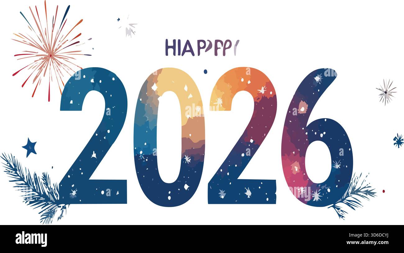 Felice benvenuto per il nuovo anno 2026, festeggiando l'arrivo del nuovo anno con fuochi d'artificio festivi e un design decorativo Illustrazione Vettoriale