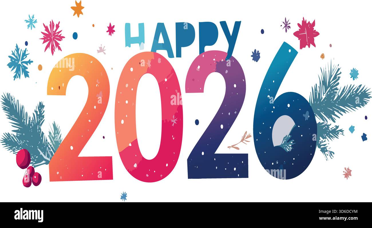 Festeggia il nuovo anno 2026 con numeri colorati, fiocchi di neve, rami di abete e bacche rosse su sfondo bianco Illustrazione Vettoriale
