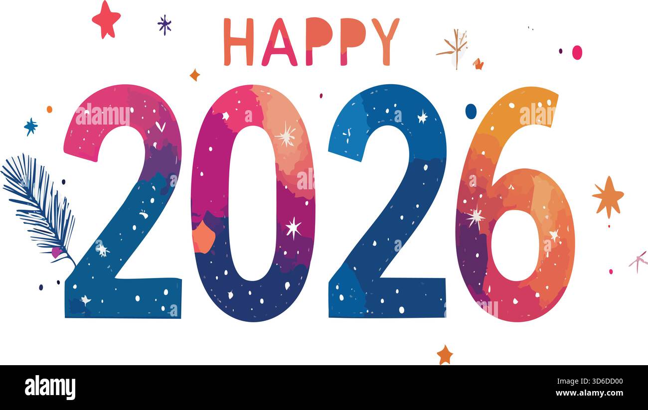 Creazione di un banner festivo per il nuovo anno 2026 con texture colorate ad acquerello, stelle ed elementi astratti per i desideri delle vacanze Illustrazione Vettoriale