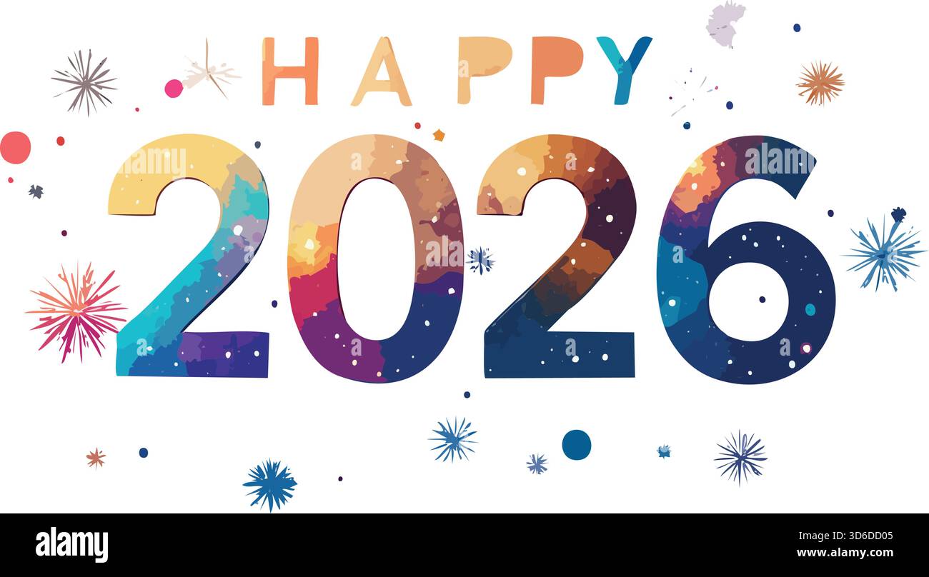 Happy 2026 testo con una colorata texture acquerello, circondato da fuochi d'artificio astratti e coriandoli sparsi Illustrazione Vettoriale