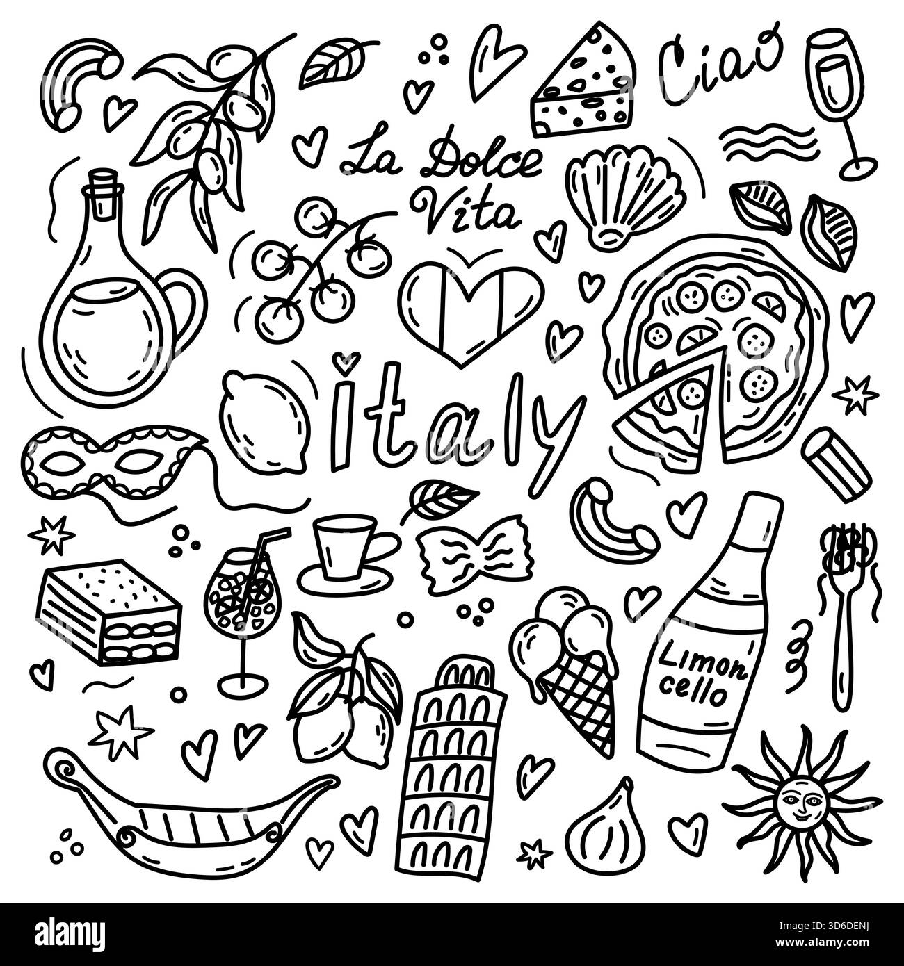 Set di scarabocchi per l'Italia. Set di doodle da viaggio disegnato a mano in Italia con simboli iconici Illustrazione Vettoriale