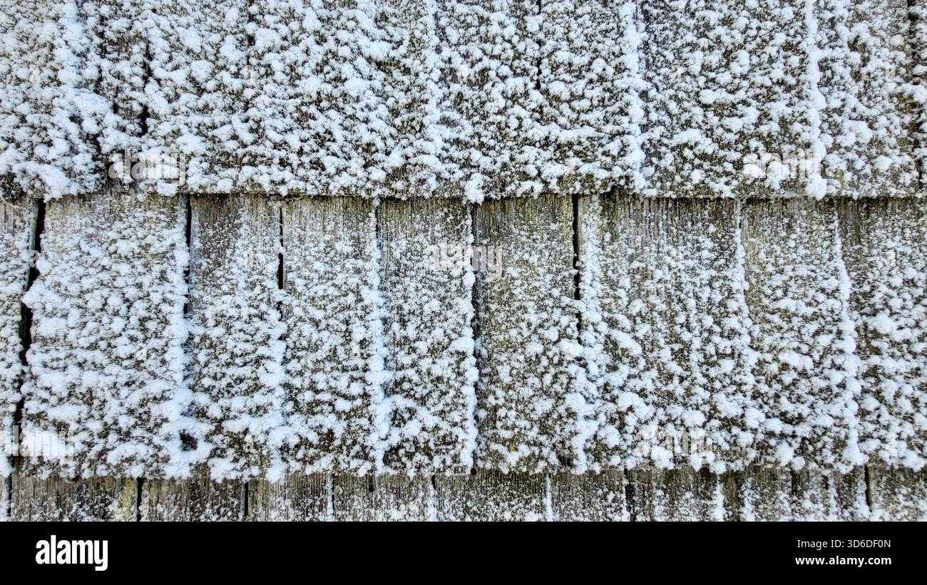 Un dettagliato primo piano di un tradizionale tetto di capanna alpina ricoperto di gelo, che mostra le tegole in legno strutturato tipiche dell'architettura montana svizzera Foto Stock