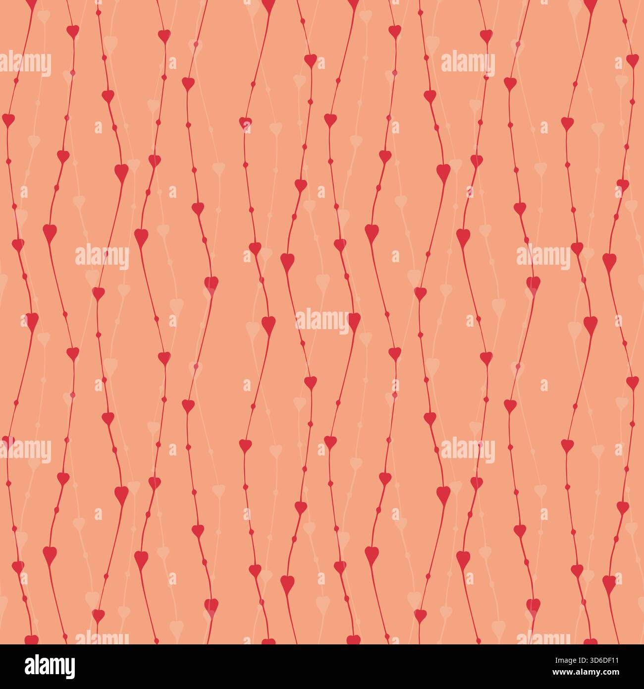 Motivo di San Valentino con cuori su linee ondulate curve, colori rosso e bianco, stile doodle. Imballaggio, tessuti, sfondo. Illustrazione vettoriale Illustrazione Vettoriale