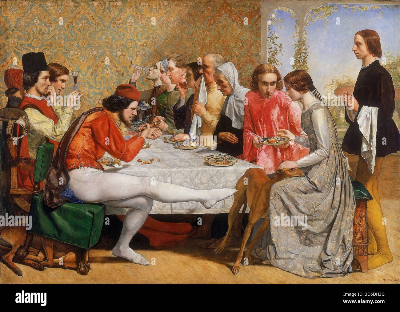 Lorenzo e Isabella (1848 - 1849). Sir John Everett Millais (inglese, 1829-1896). Il dipinto illustra un episodio del romanzo del Decamerone di Giovanni Boccaccio Lisabetta e il testo di bassilico (1349 - 1353), che fu riutilizzato per la poesia di John Keats, Isabella, o il vaso di Basilio, che descrive il rapporto tra Isabella, sorella di ricchi mercanti medievali, e Lorenzo, un impiegato dei fratelli di Isabella. Descrive il momento in cui i fratelli di Isabella si rendono conto che c'è una storia d'amore tra i due giovani, e complottano per uccidere Lorenzo in modo che possano sposare Isabella con un noi Foto Stock