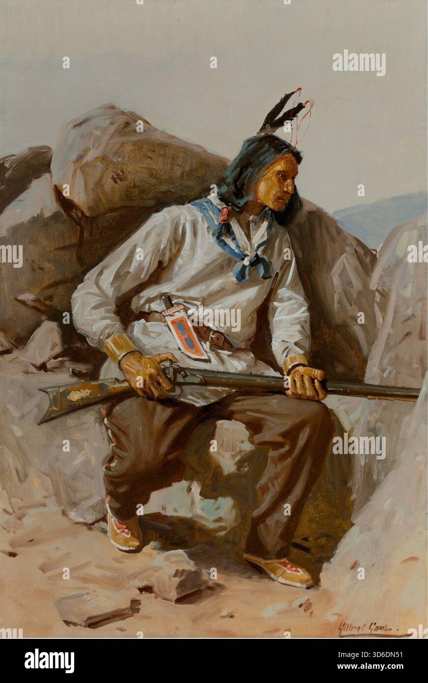 'Indian Scout, circa 1895. Dipinto da William Gilbert Gaul (americano, 1855-1919). Gilbert dipinse questo come un membro del gruppo Julian Scott incaricato dal Dipartimento degli affari Indiani degli Stati Uniti d'America di fornire la rappresentazione della vita quotidiana tribale per il compendio, ''Indiani tassati e non tassati''''. Foto Stock