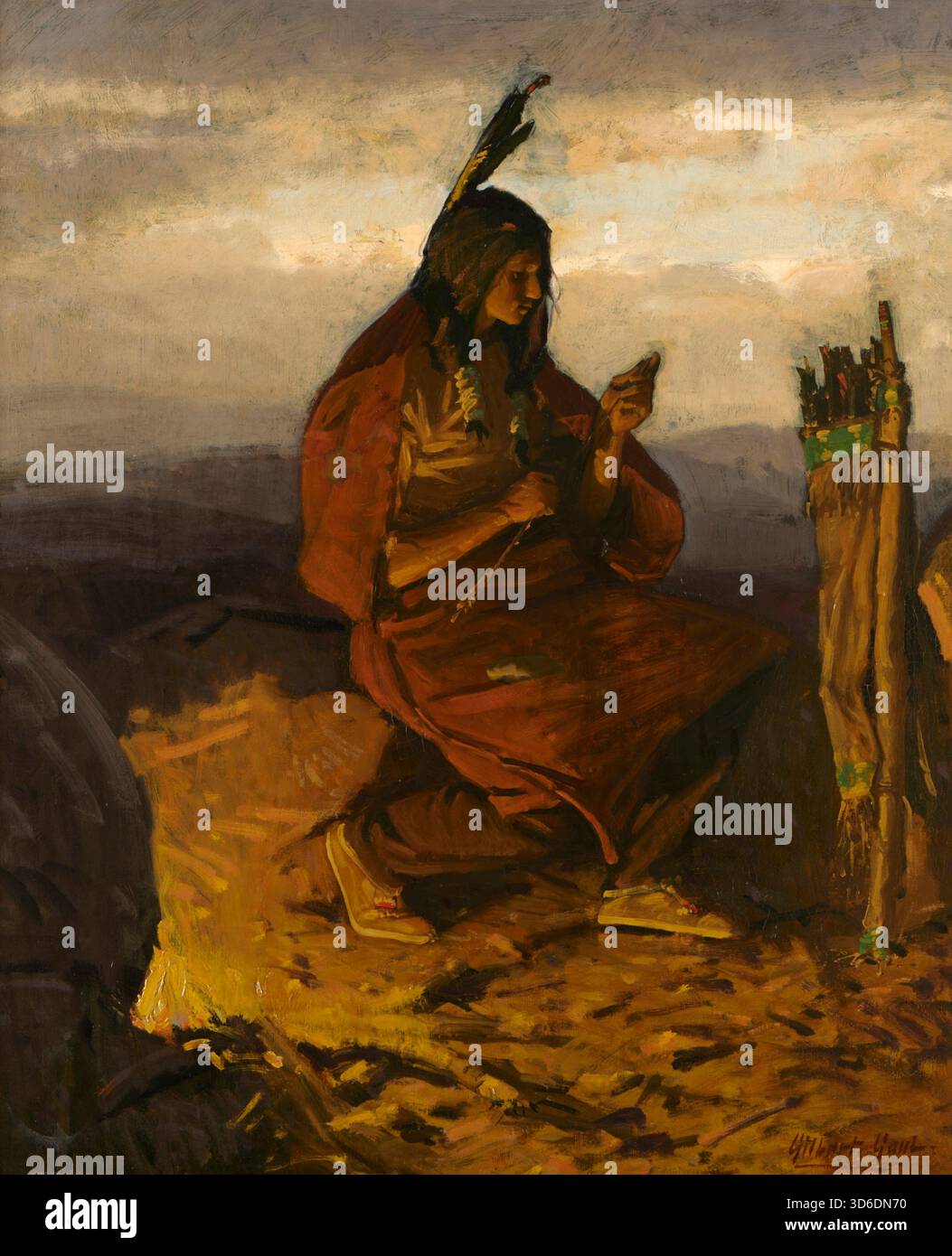 'Indian che fa frecce. Dipinto da William Gilbert Gaul (americano, 1855-1919). Gilbert dipinse questo come un membro del gruppo Julian Scott incaricato dal Dipartimento degli affari Indiani degli Stati Uniti d'America di fornire la rappresentazione della vita quotidiana tribale per il compendio, ''Indiani tassati e non tassati''''. Foto Stock