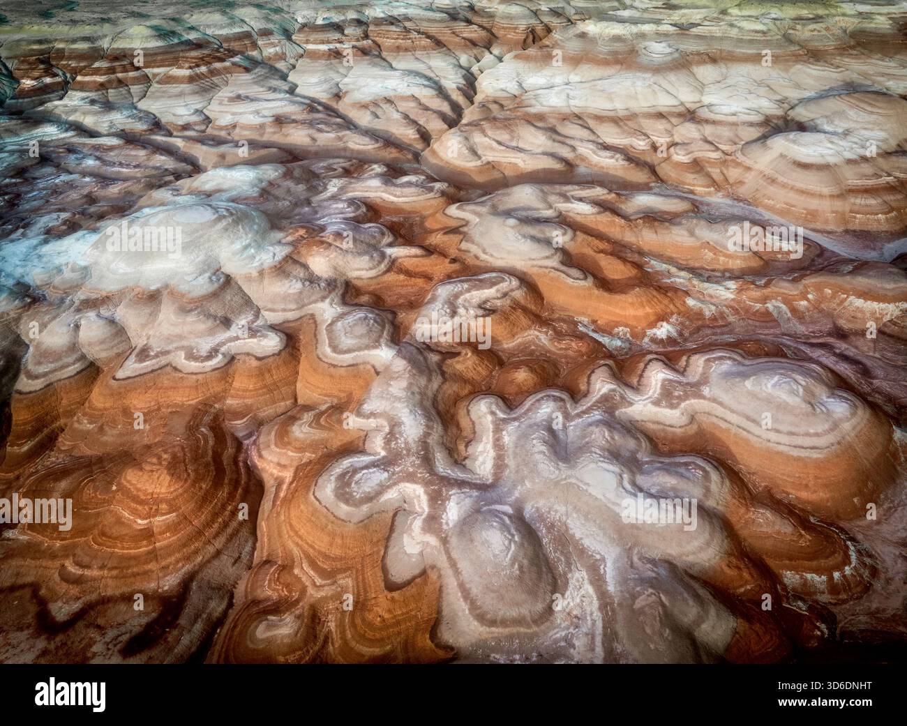 La vista aerea delle formazioni rocciose sedimentarie a strati crea un ipnotico arazzo di tonalità terrose e motivi intricati, Hanksville, Utah, Stati Uniti Foto Stock
