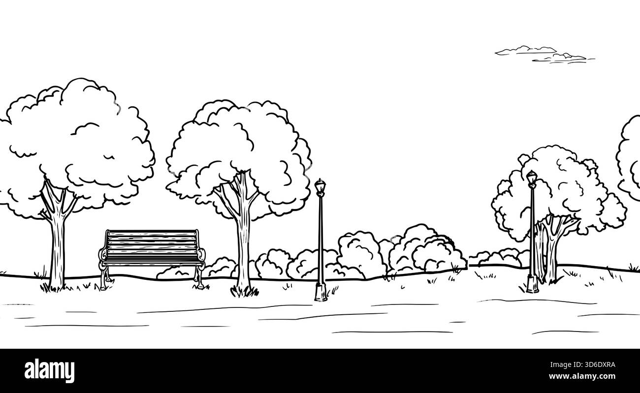 Una panchina e lanterne in un parco su un prato, schizzo. Disegno vettoriale. Cespugli e alberi nell'erba, bordo senza cuciture isolato su sfondo bianco Illustrazione Vettoriale