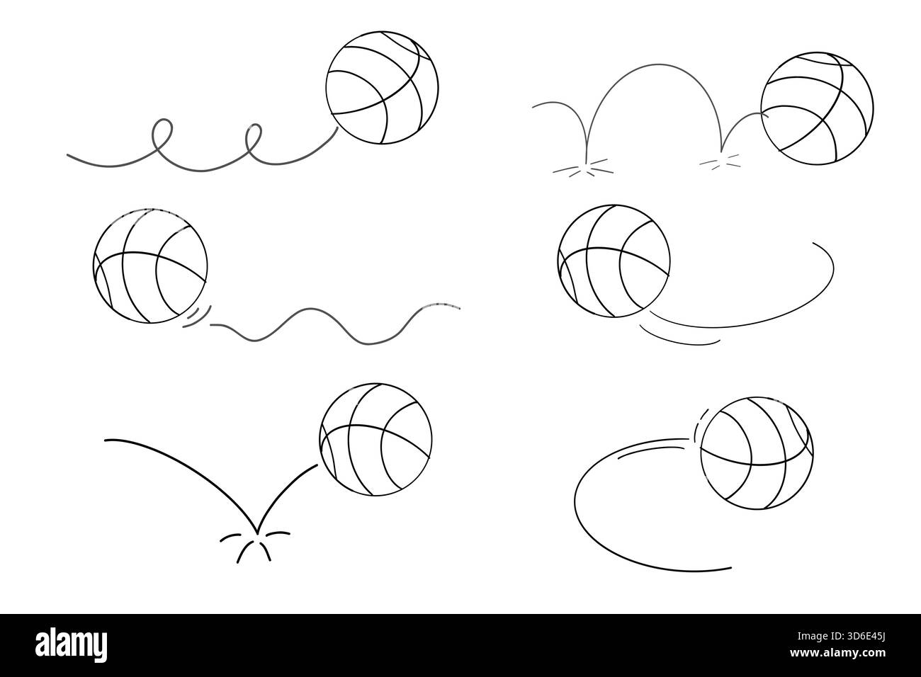 Set di effetti manga fumetti pallacanestro rimbalzato. Movimento dello schizzo.linea di doodle traiettoria del salto della palla disegnata a mano, espressione del movimento della palla. Illustrazione vettoriale Illustrazione Vettoriale