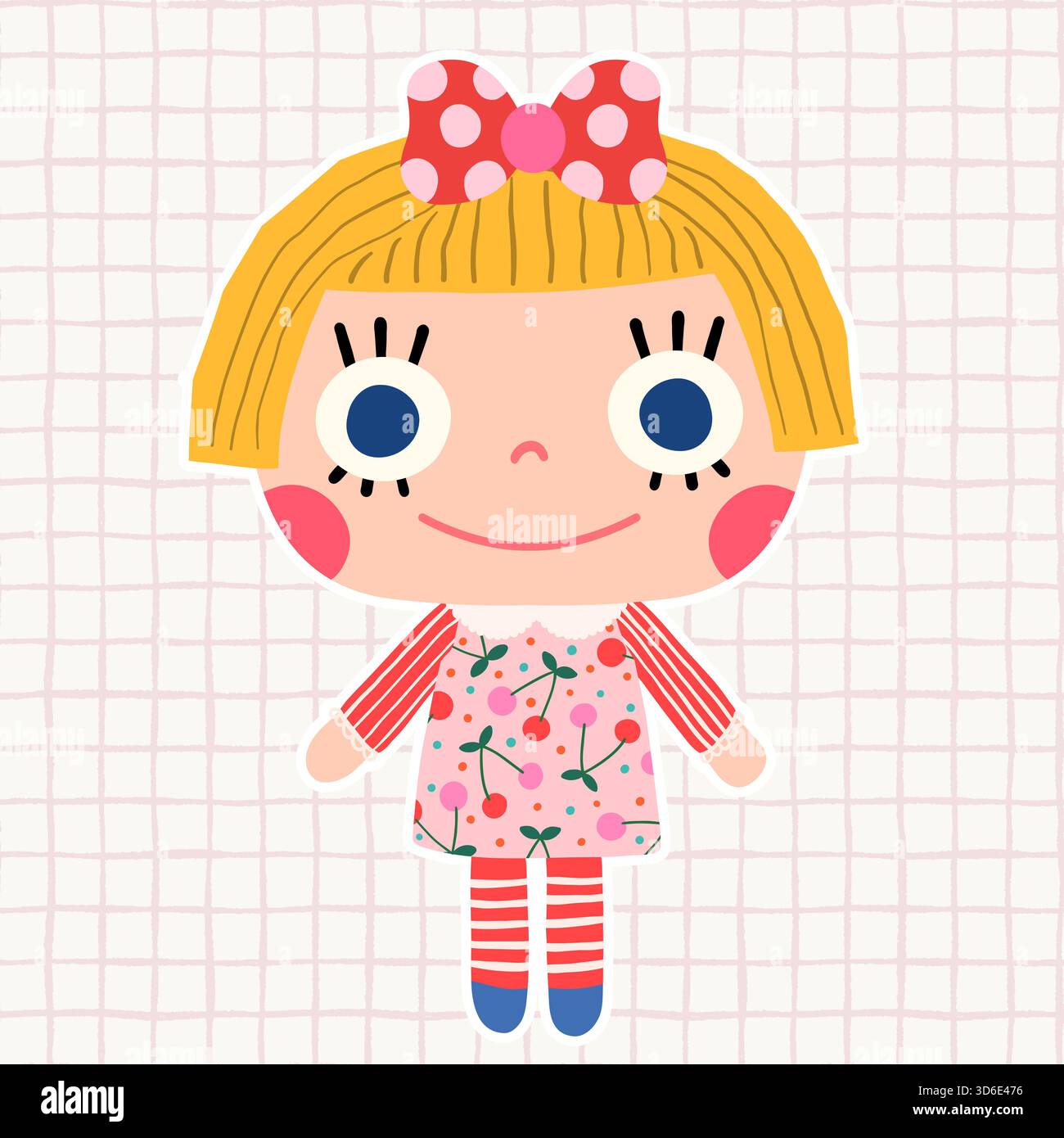 Graziosa bambola di straccio biondo vettoriale con fiocco a nastro rosa per capelli, illustrazione Cartoon Girl per bambini e grafica per bambini Illustrazione Vettoriale