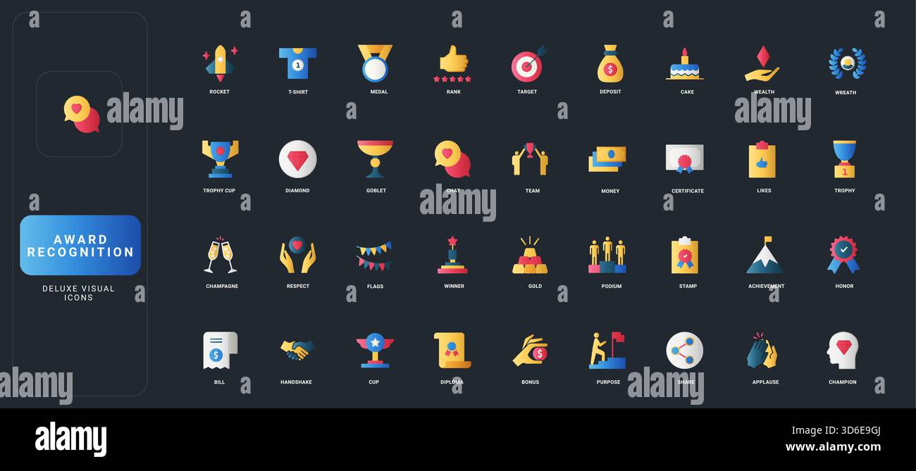 Set di icone in stile gradiente piatto con trofei, medaglie, certificati, risultati, premi, ed elementi celebrativi su sfondo scuro dell'interfaccia utente per temi di riconoscimento e successo. Illustrazione Vettoriale