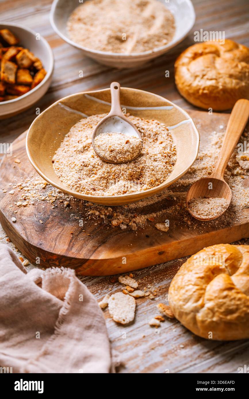 Concetto di zero sprechi: Panko e pangrattato fatti in casa con pane e panini rimasti Foto Stock