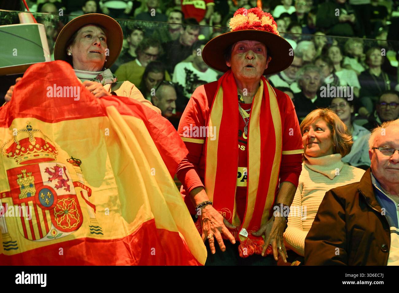 Tifosi di Spagna durante i quarti di finale di Coppa Davis tra lo spagnolo Pablo Carreno busta e Jakub Mensik di Cechia alla Supertennis Arena - BolognaFiere il 20 novembre 2025 a Bologna Foto Stock